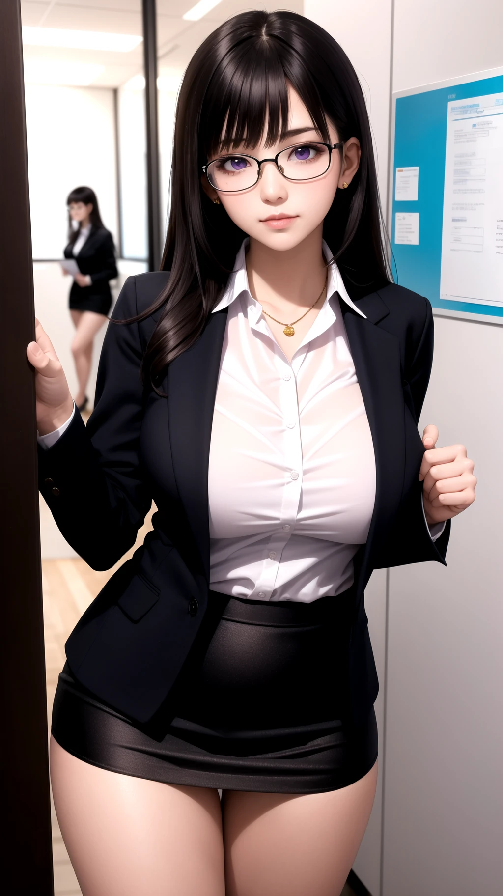 (masterpiece, best quality), intricate details, 1girl, looking at viewer, black hair, blunt bangs, long hair, purple eyes, shy, large breasts, miniskirt, blouse, blazer, pumps, office lady, glasses,