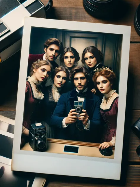 A ral-polaroid of a  group of people dressed in Victorian attire taking a selfie with a modern camera, framed in ral-polaroid style <lora:ral-polaroid-sdxl:1>,<lora:EnvyBetterHiresFixXL01:0:hr=1>