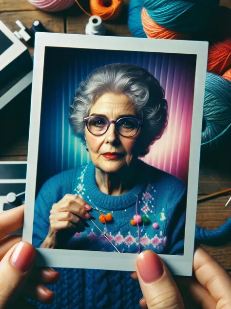 a ral-polaroid of a grandma knitting a pixelated portrait of herself using neon yarn, her needles clicking rhythmically to an 8-bit video game soundtrack, <lora:ral-polaroid-sdxl:1> <lora:EnvyBetterHiresFixXL01:0:hr=1>