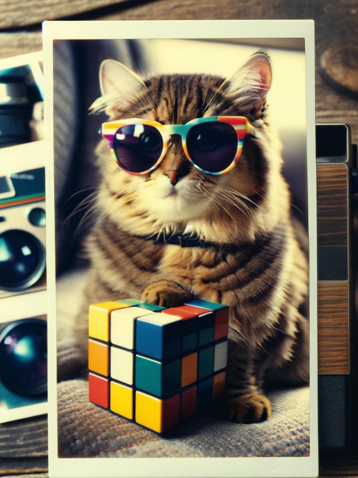 There is a cat with glasses on its face and a pink background - SeaArt AI