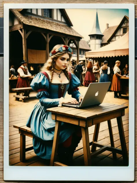 A ral-polaroid of a  Renaissance fair scene where one character is casually using a laptop, all in ral-polaroid vintage photo style <lora:ral-polaroid-sdxl:1>,<lora:EnvyBetterHiresFixXL01:0:hr=1>