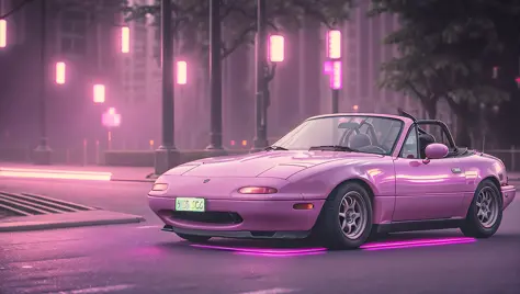 ack side view photo of pink MazdaMiata in vaporwave cyberpunk city, convertible top down, high quality photo, lens flare, bokeh, 8k resolution, gobo lights, warm ambient light, volumetric light, neon lights, depth of field, analog, foggy atmosphere,  <lora:MazdaMiatav1:.8>,  <lora:analogdiffusion_Lora300:.2>