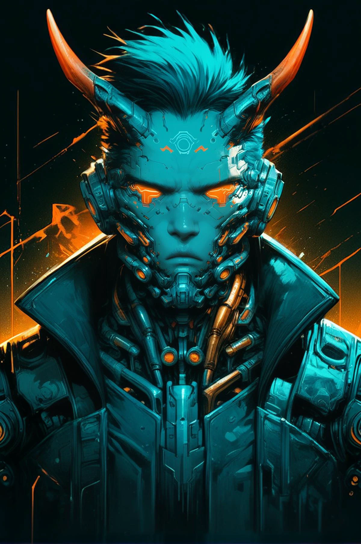 biomechanischer Stil ein männlicher Mann,ernstes Gesicht, Bob, Hörner, breite Schultern, cyberpunk, Betrachter betrachten, schwere Töne, Detail, dunkler Hintergrund, dramatisch, front view Punktzahl_9, Punktzahl_8_hoch, Punktzahl_7_hoch . Mischung aus organischen und mechanischen Elementen, futuristisch, cybernetic, Detailed, kompliziert