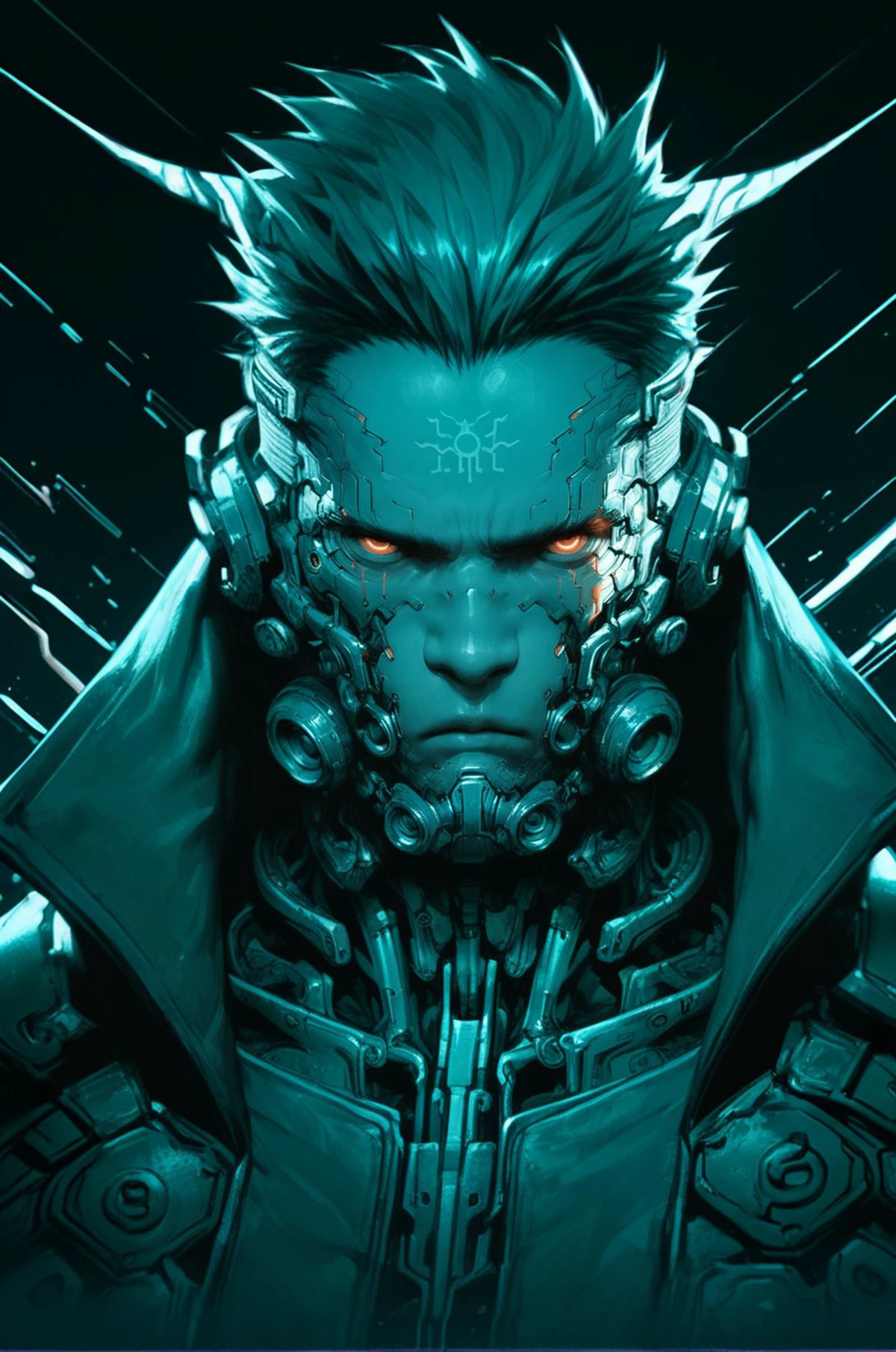 biomechanical style one male man,serious face, bob, horns, broad shoulders, cyberpunk, looking at viewer, heavy tones, detail, dark background, dramatic, front view score_9, score_8_up, score_7_up . blend of organic and mechanical elements, futuristic, cybernetic, detailed, intricate