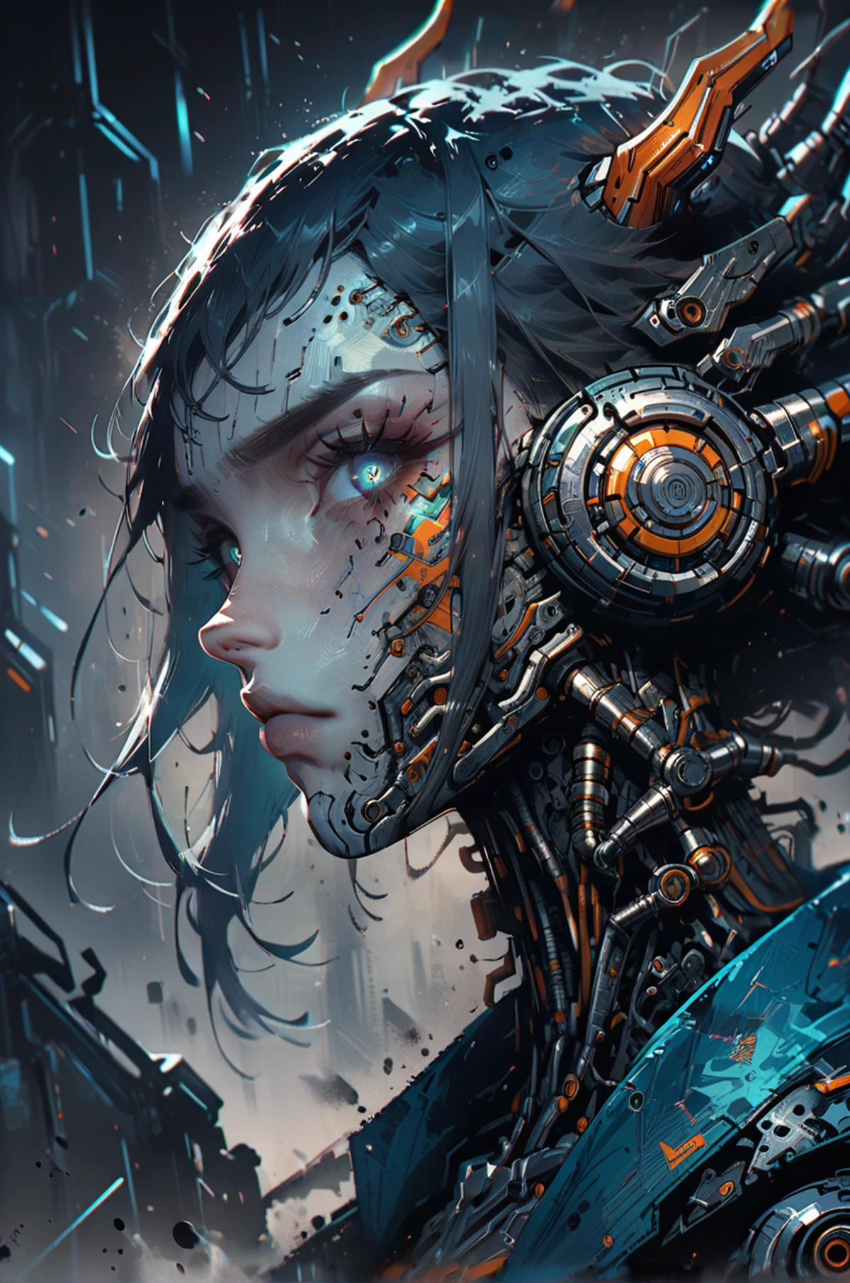 biomechanical cyberpunk one girl, haughty expression, raised chin, bob, horns, selective blue, cyberpunk, looking at viewer, heavy tones, detail, dark background, dramatic, front view . cybernetics, human-machine fusion, dystopian, organic meets artificial, dark, intricate, highly detailed