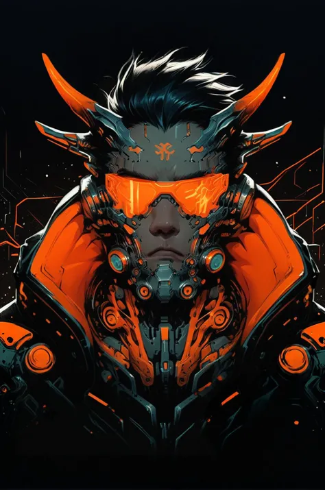 biomechanical style <lora:Neon_Splash_Art_for_Pony:0.9> one male man,serious face, bob, horns, broad shoulders, selective gold c...