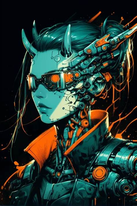 biomechanical style <lora:Neon_Splash_Art_for_Pony:1> one girl, haughty expression, raised chin, bob, horns, selective gold colo...