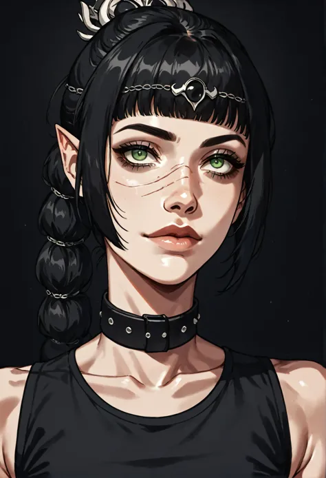 a drawing of a woman with a black top and a black choker