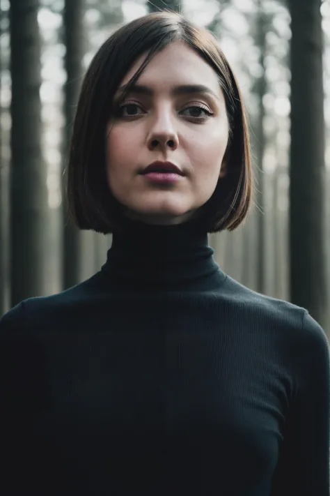 a woman in a black turtle neck top standing in a forest