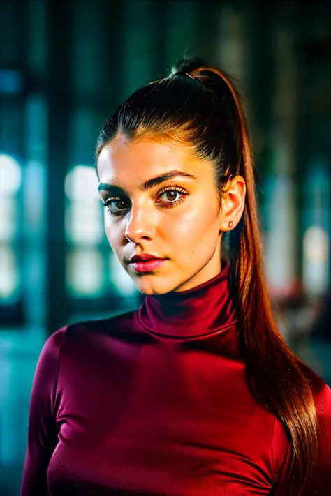 a close up of a woman with a ponytail in a red top