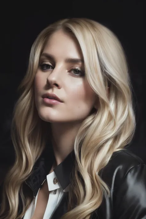 a woman with long blonde hair and a black jacket