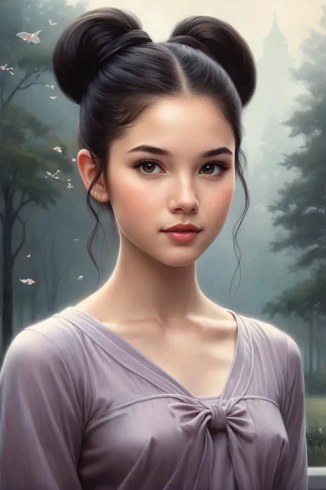 by Tom Bagshaw, by Terry Redlin, by Duy Huynh, by Steve Henderson, cute 18 year old girl, braless <lora:braless:1.00>, pastel dr...