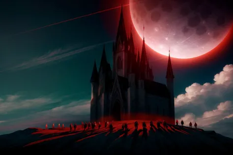 a red moon is rising over a castle with people walking around