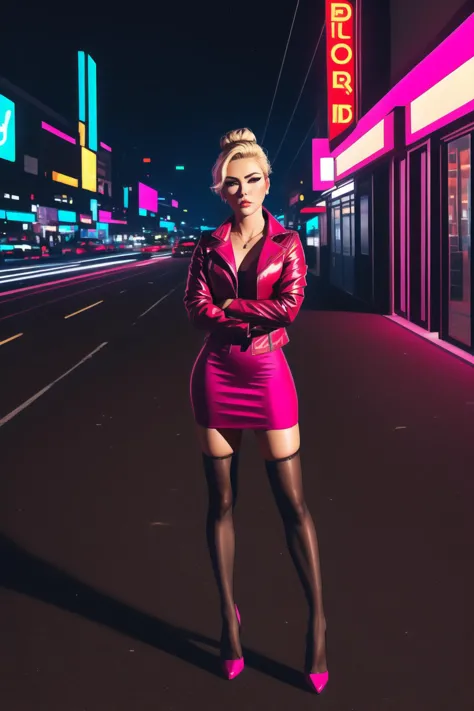 neon,night,style of retrowave,a woman with short blond hair in a bun,wearing dark red jacket,magenta dress,long sleeves,fishnet ...