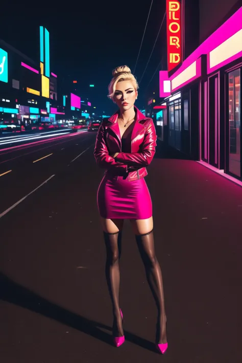 neon,night,style of retrowave,a woman with short blond hair in a bun,wearing dark red jacket,magenta dress,long sleeves,fishnet stockings,heels,scowling,full body,in city,looking at viewer,crossed arms, <lora:LORA-XenoDetailer-v2:0.1>