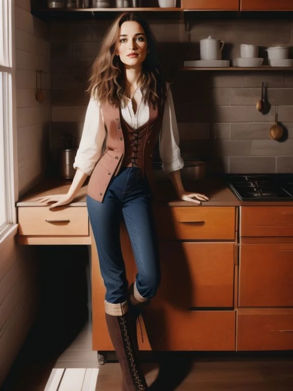 retrato de [Zabou Breitman| Leelee Sobieski], heroína chique,  camisa de algodão, colete, e botas de renda , cozinha