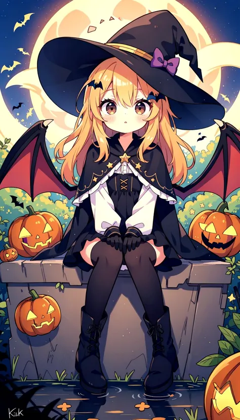 a cartoon girl in a witch costume sitting on a wall