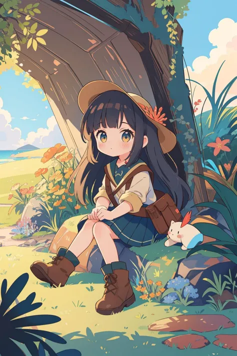 a girl sitting under a tree in the grass with a backpack