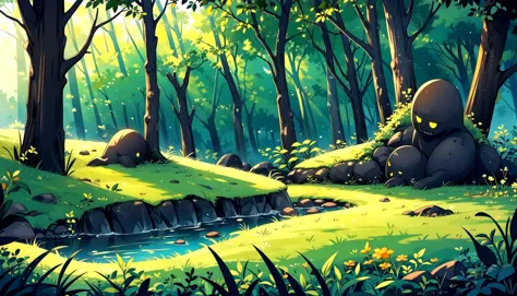 a painting of a forest with a stream and rocks