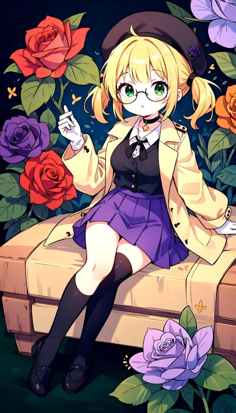 anime girl sitting on a bench with roses and a hat