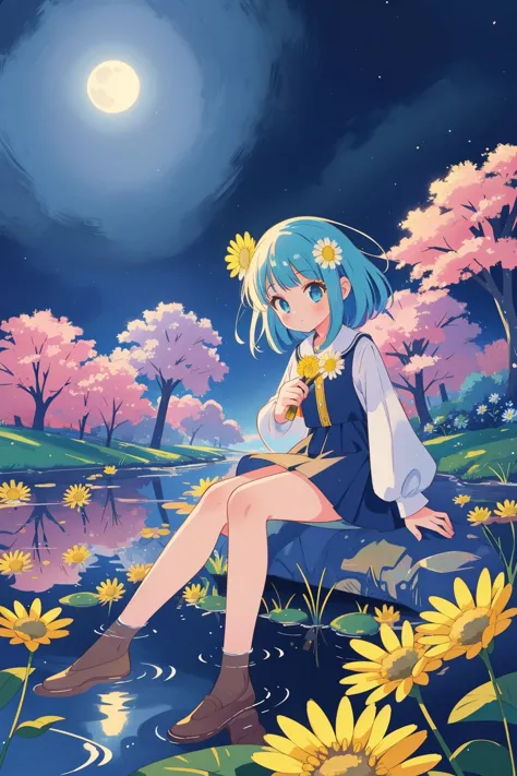 a girl sitting on a rock in the middle of a field of flowers