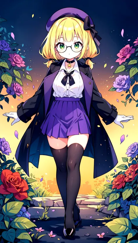 1girl,blonde,yellow hair,twintails,(green eyes),black trench coat,black beret,purple vest,(purple skirt:1.3),black thighhighs,black shoes,twintails,golden trims,white roses,black tie,black choker necklace,twintails curly hair,short hair,open coat,large thighs,medium breasts,teenage,white gloves,glasses,eyewear,