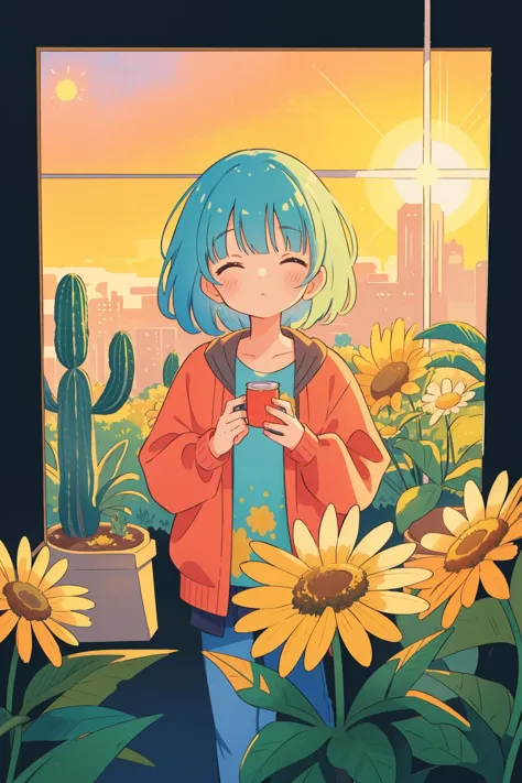 a cartoon girl standing in front of a window with sunflowers