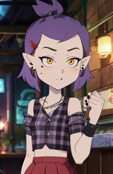 masterpiece, best quality, amity_blight, S2 hair, smile, short hair, shirt, hair ornament, navel, jewelry, yellow eyes, purple hair, earrings, parted lips, sleeveless, pointy ears, hairclip, midriff, indoors, off shoulder, nail polish, mole, grin, blurry, flat chest, crop top, plaid, mole under eye, sleeveless shirt, buttons, parody, piercing, wristband, red shirt, ear piercing, clenched hand, black nails, clenched hands, meme, stud earrings, plaid shirt, plaid jacket, outdoors,