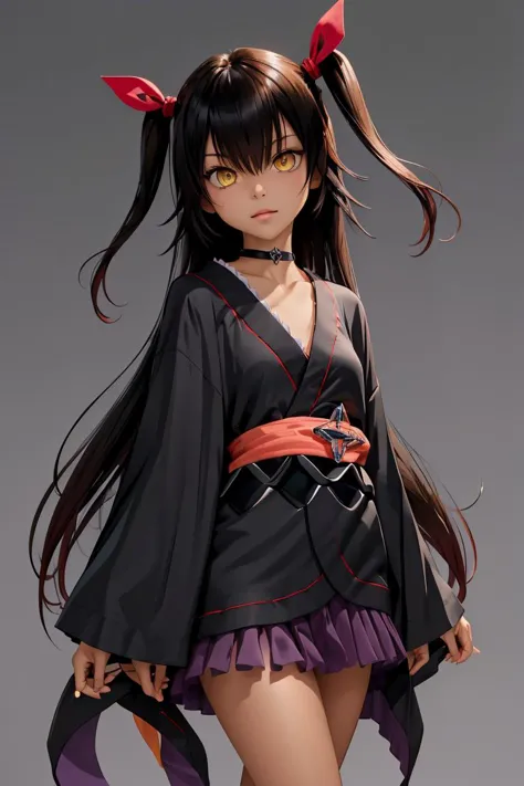 a woman in a black kimono outfit with long hair