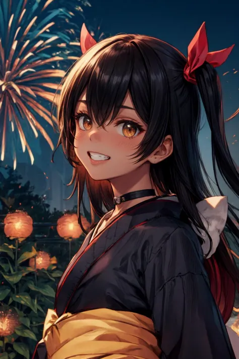 a woman with long hair and a bow is standing in front of fireworks