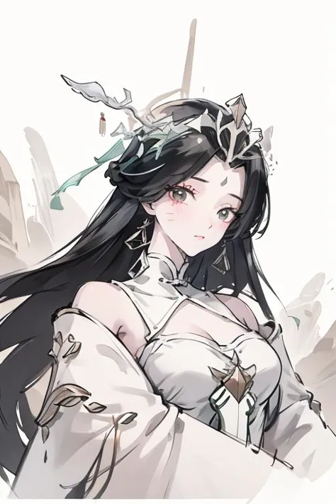 <lora:liushen:1>,liushen,1girl,dress,hair ornament,Solid gold hoop headdress,solo,earrings,jewelry,long hair,multicolored hair,gold ornament,gold earrings,streaked hair,clothes decoration,upper body,black hair,forehead mark,white dress,chinese clothes,clothing cutout,cleavage cutout,facial mark,white background,simple background,
<lora:Freehand_Brushwork:0.3>,<lora:animeLineartMangaLike_v20Offset:0.2>,lineart,
(portrait:1.2),dynamic_angle,front view,kittew,cuteg,flat chest,small_breasts,(looking_at_viewer:1.3),, best quality , masterpiece, illustration, an extremely delicate and beautiful, extremely detailed ,CG,unity,8k wallpaper, Amazing, finely detail, masterpiece, best quality,official art,extremely detailed CG unity 8k wallpaper,absurdres, incredibly absurdres, huge filesize , ultra-detailed, highres, extremely detailed,beautiful detailed girl, extremely detailed eyes and face, beautiful detailed eyes,light on face,