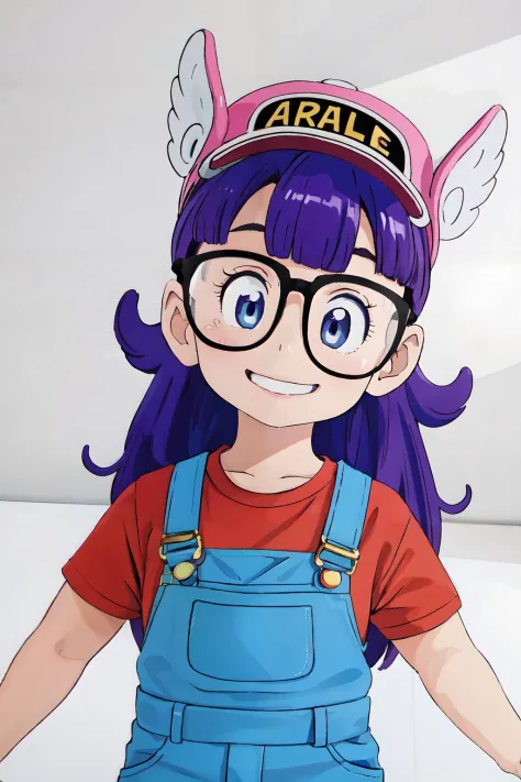 (masterpiece, best quality;1.3), ultra detailed, 1girl, solo, arale, glasses, blue eyes, long hair,purple hair, short sleeves, w...