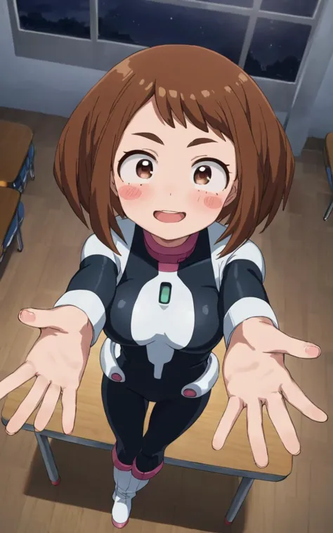 POV, outstretched arms , High Angle, looking to the side, contrapposto, dynamic pose, cinematic lighting, daytime , school, tables, chairs, nighttime , 1girl, <lora:sdxl-mha-ochako:0.7> Uraraka Ochako, thick_eyebrows blush_stickers, brown_hair, brown_eyes, short_hair, sideburns, shiny hair, medium breasts, skindentation +++ happy, :)  +++ OchaCos, bodysuit, fingertip paw pad, white high-heels boots, arms wear, black tights, headgear , extremely quality extremely detailed, illustration, cute anime face