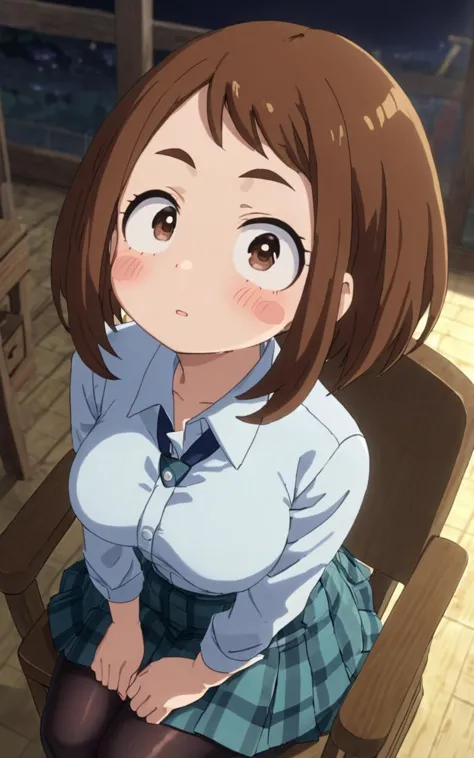 on back, Sitting, wood chair , Overhead Shot, looking up, contrapposto, dynamic pose, cinematic lighting, nighttime , Cattle farm, daytime , 
1girl, <lora:sdxl-mha-ochako:0.7> Uraraka Ochako, thick_eyebrows blush_stickers, brown_hair, brown_eyes, short_hair, sideburns, shiny hair, medium breasts, skindentation +++ v-shaped_eyebrows, :o , , clear iridescence gingham check collared shirt aqua checked skirt, drawers  pantyhose full brogue, extremely quality extremely detailed, illustration, cute anime face