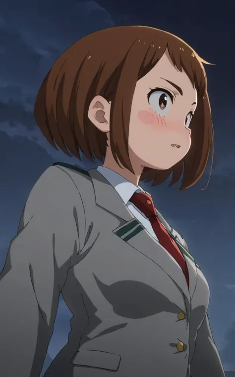 from below, leg up , Profile Shot, looking ahead, contrapposto, dynamic pose, cinematic lighting, nighttime , Vampirefs Secret Gathering Place, daytime , 1girl, Uraraka Ochako, thick_eyebrows blush_stickers, brown_hair, brown_eyes, short_hair, sideburns, shiny hair, medium breasts, skindentation +++ v-shaped_eyebrows, :o   +++ u.a._school_uniform, grey_jacket long_sleeves, white_shirt red_necktie, mos green pleated_skirt, black stocking , extremely quality extremely detailed, illustration, cute anime face