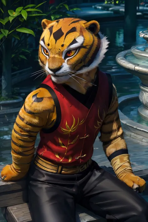 candid shot of master_tigress, red chinese vest, black pants, paws, tail, yellow sclera, red eyes, sitting, on ledge of fountain...