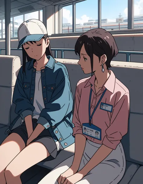 score_9, score_8_up, score_7_up, score_6_up, score_5_up, score_4_up, source_anime,
<lora:suzume-pack-ponyxl:0.35> 2girls, airport, sitting, waiting, sleeping
BREAK
suzume, baseball cap, denim jacket, blue jacket, long sleeves, white shirt
BREAK
tamaki, office lady, lanyard, collared shirt, pink shirt, earrings, white skirt