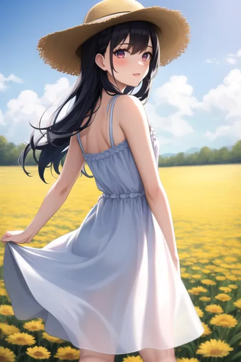 (masterpiece, best quality, detailed), 1girl, solo
BREAK black hair, long hair
BREAK outdoors, sundress, sun hat, flower field