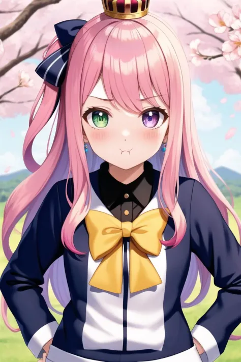 (masterpiece, best quality, detailed), 1girl, solo
BREAK himemori luna, hololive, purple eyes, green eyes, heterochromia, crown, pink hair, gradient hair, hair ring, candy hair ornament, pout
BREAK outdoors, cherry blossoms, hands on hips