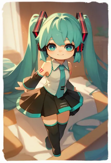 a cartoon girl with long hair and headphones in a room