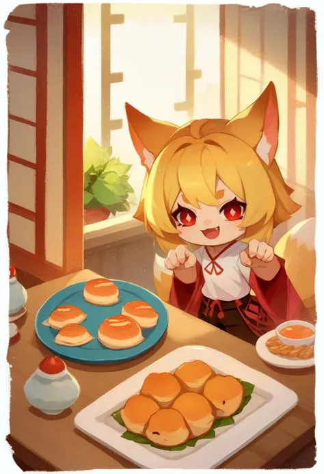 score_9, score_8_up, score_7_up, rating_safe, border, chibi, multiple girls, fox girl, smile, paw pose, animal ears, red eyes, shirt, pants, indoors, table, plate of food <lora:style_onmyoji_ponyXL-000007:1>