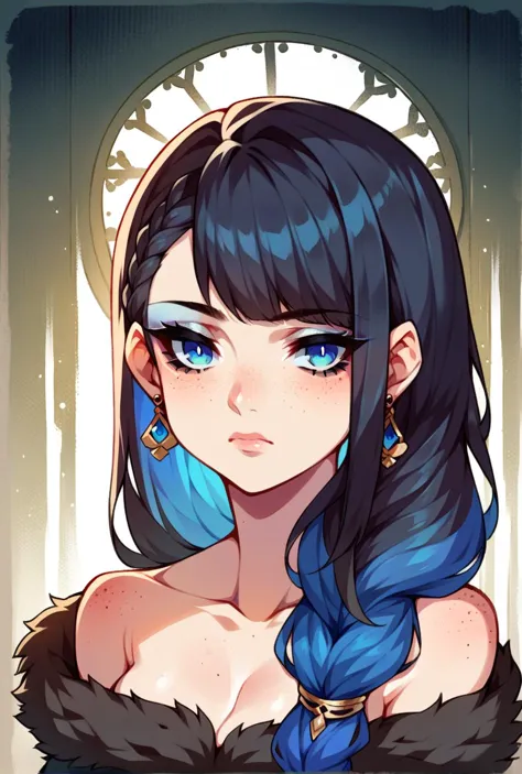 score_9,score_8_up,score_7_up,score_6_up,score_5_up,score_4_up rating_questionable, 1girl,solo,long hair,looking at viewer,bangs,blue eyes,black hair,bare shoulders,jewelry,closed mouth,blue hair,braid,multicolored hair,earrings,artist name,two-tone hair,lips,gradient,fur trim,makeup,portrait,hair over shoulder,eyeshadow,freckles,fur collar <lora:style_onmyoji_ponyXL:1>