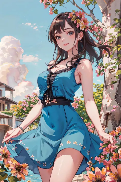<lora:Scape-tastic:1>outdoors,sky,day,cloud, scenery,building, cleavage, sleeveless, dress, navel, mini skirt, windy,tree,flower,
(best quality, masterpiece, RAW photo,ultra-detailed:1.2), <lyco:GoodHands-beta2:1.0>,1girl,solo,looking at viewer,  smile,