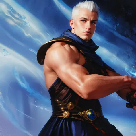 handsome shirtless muscular white hair young adult man, mage, MTG card art, blue white, azorius,