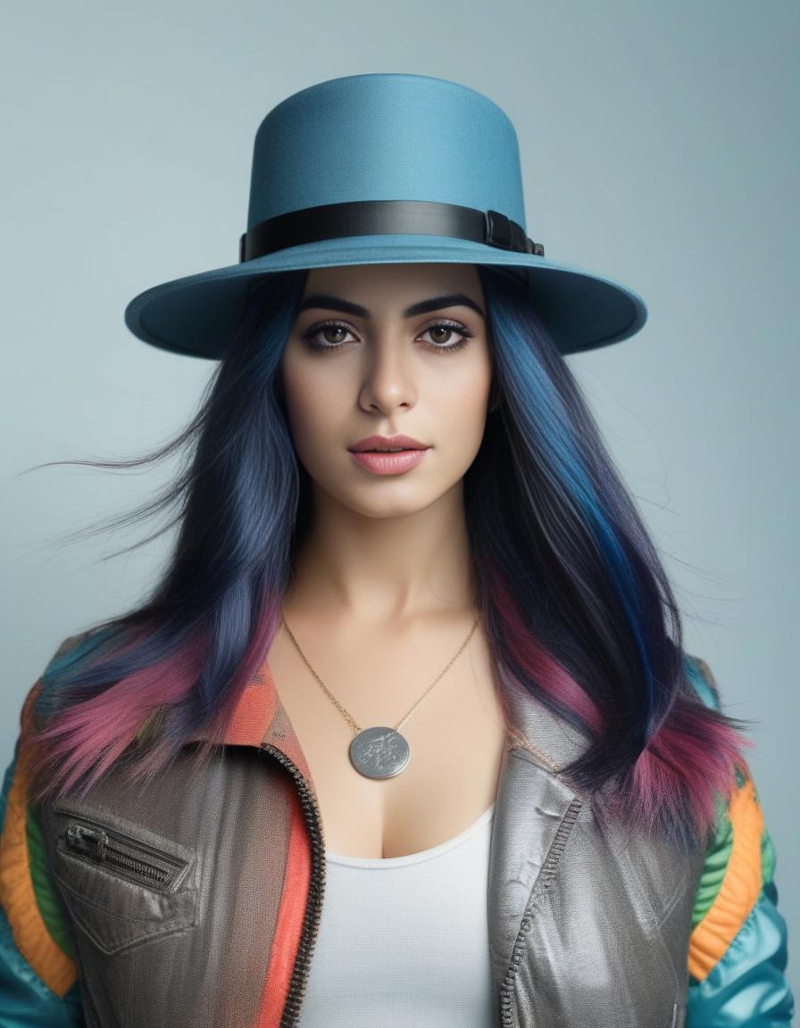 A woman with blue hair and a denim top posing for a picture - SeaArt AI