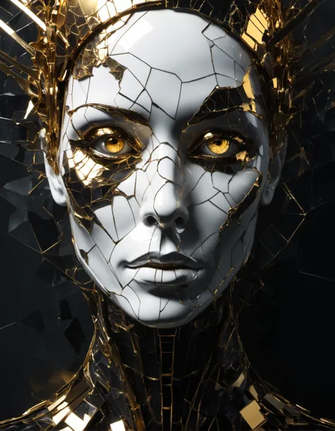 Vrubel style, Extra detailed, sci-fi mechanical face, The light shines in the darkness, and the darkness has not overcome it, soft shadow, minimalistic design, bold lines, parallax designs mixture of white color with small details in both black and gold, broken glass effect