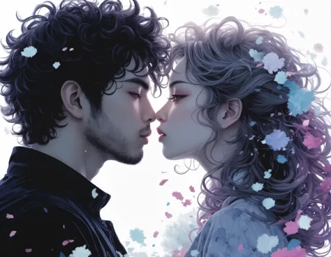 a man with fluffy hair kissing a woman, double exposure collage art illustration, silhouette art, fantasy, hdr, vibrant, surrealism, hyperdetailed, hypermaximalist illustration, art by Anime Key Visual, Japanese Manga, Pixiv, Zerochan, Anime art, Fantia