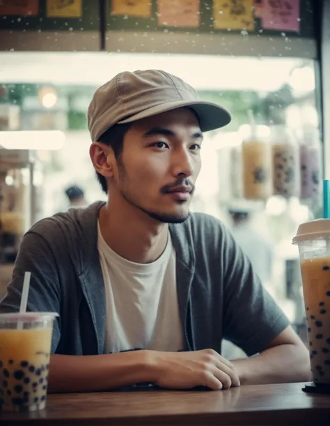 medium shot of a man casual dressed in a cap in a bubble tea shop. wide angle, perspective, Kodak Vision3 500T Film Stock Footag...