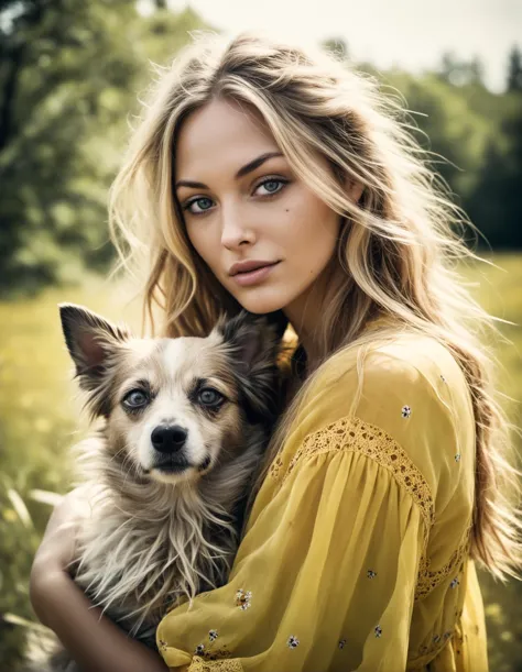 Belle femme aux longs cheveux blonds,yeux bleu clair,Un plan à moitié corps, Les cheveux en désordre, peau détaillée, (serrer un chien dans ses bras),l&#39;élégance de la nature, robe longue volante jaune, très détaillé, scène romantique, Kodak Vision3 500T Film Stock Footage Style, film fané, désaturé, photo 35 mm, granuleux, vignette, ancien, Kodachrome, lomographie, coloré, très détaillé, images trouvées, vue de côté