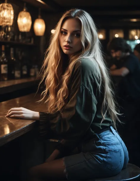 photo dans le style d'Alessio Albi, une belle femme aux longs cheveux blonds assise dans un bar sombre, très détaillé, Réaliste